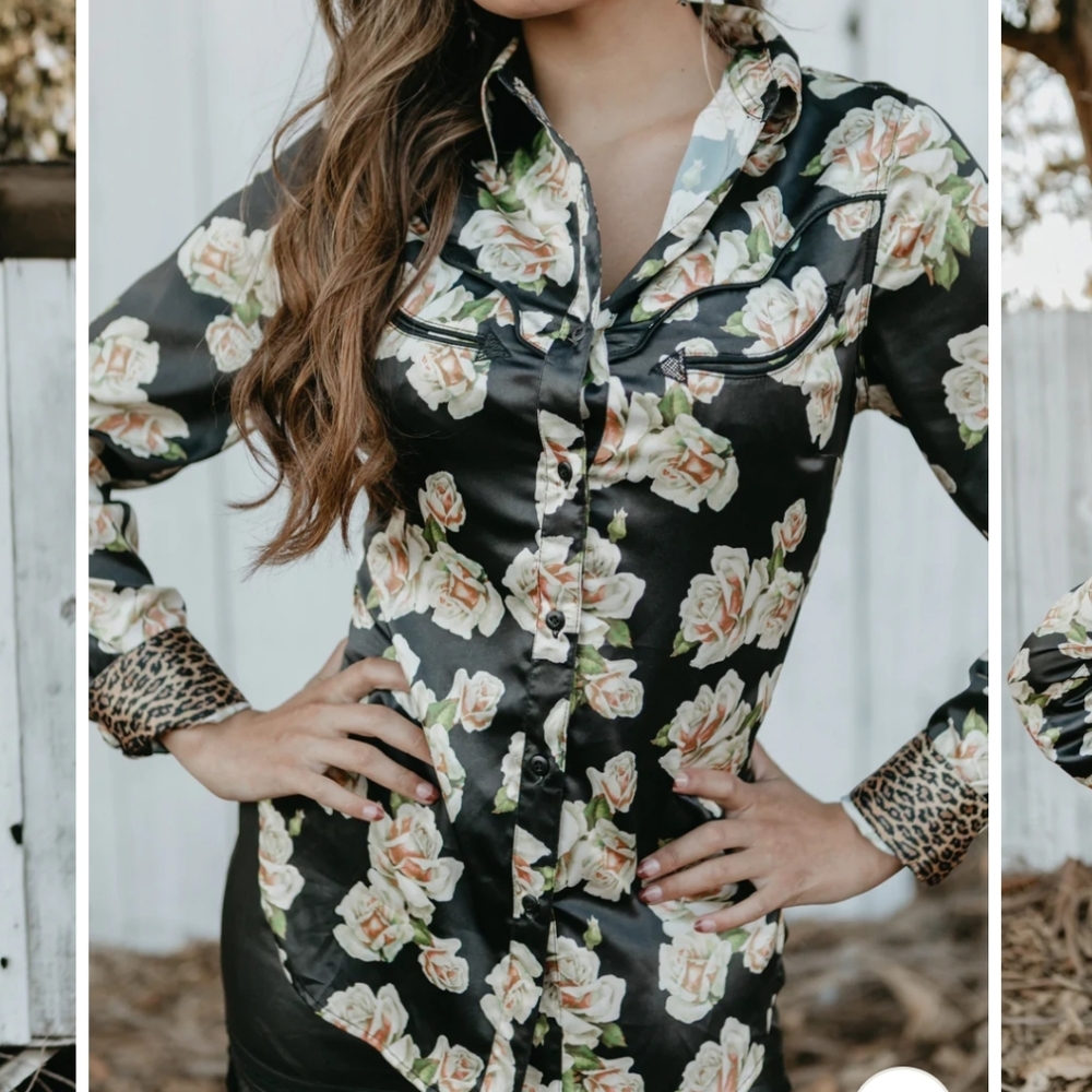 Black Floral Button-Down Shirt with Leopard Trim